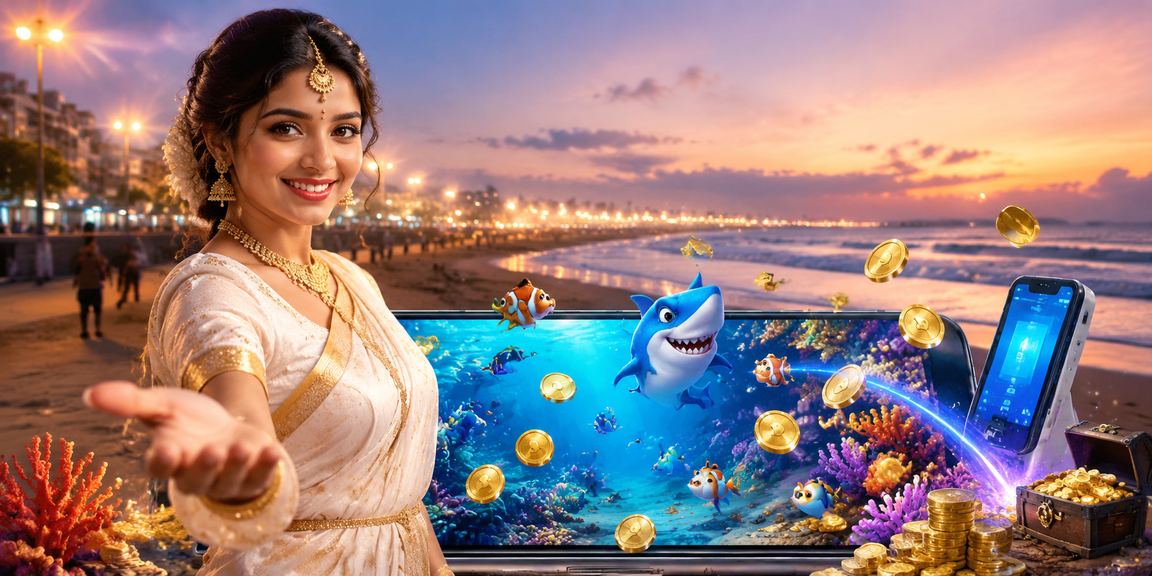 Evening at Chennai Marina Beach with a woman playing fishing game in saree