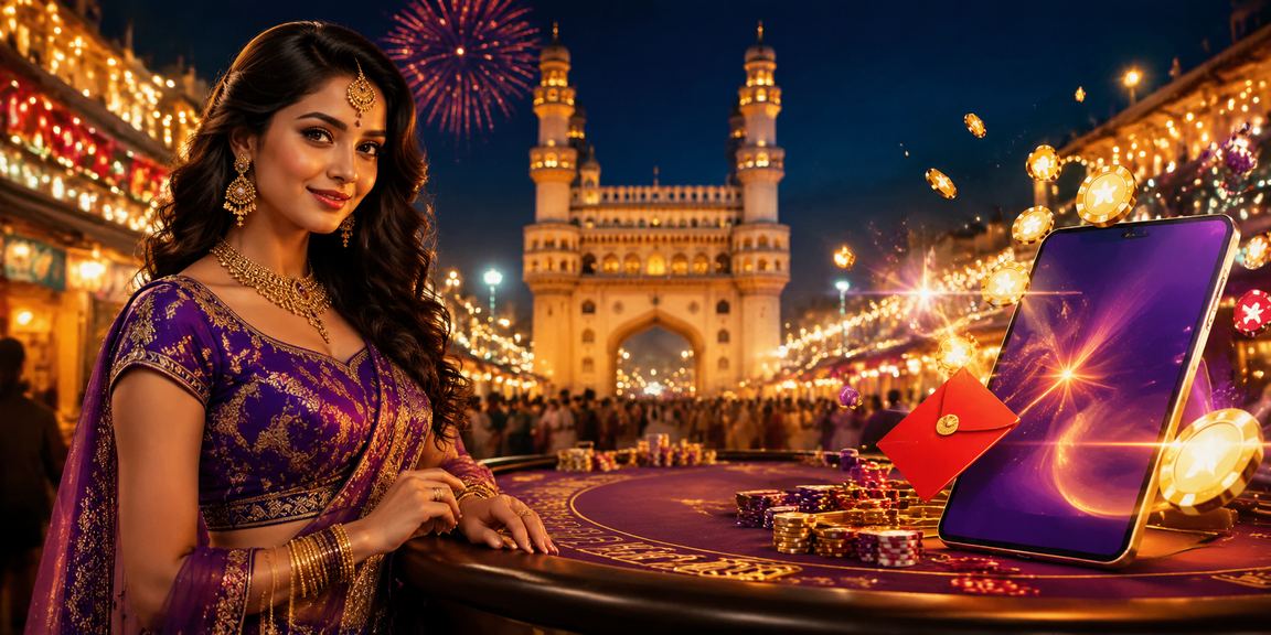 Hyderabad Charminar with red envelopes at night market
